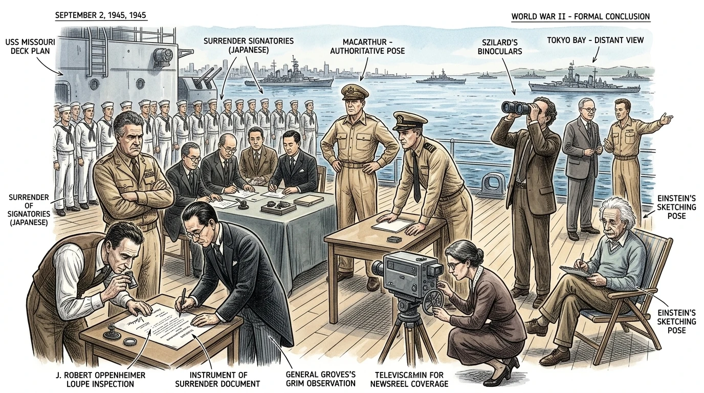 On September 2, 1945, aboard the USS Missouri in Tokyo Bay, Japan formally surrendered to General Douglas MacArthur. The splitting of the atom had brought an… On September 2, 1945, aboard the USS Missouri in Tokyo Bay, Japan formally surrendered to General Douglas MacArthur. The splitting of the atom had brought an…