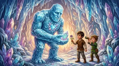 水晶洞窟闪烁着冰晶。一个由坚冰组成的巍峨的冰川魔像挡住了他们的去路。它怒吼一声，洞穴随之震颤。布兰布尔颤抖着，将他找到的一朵枯萎的小花献给了魔像。