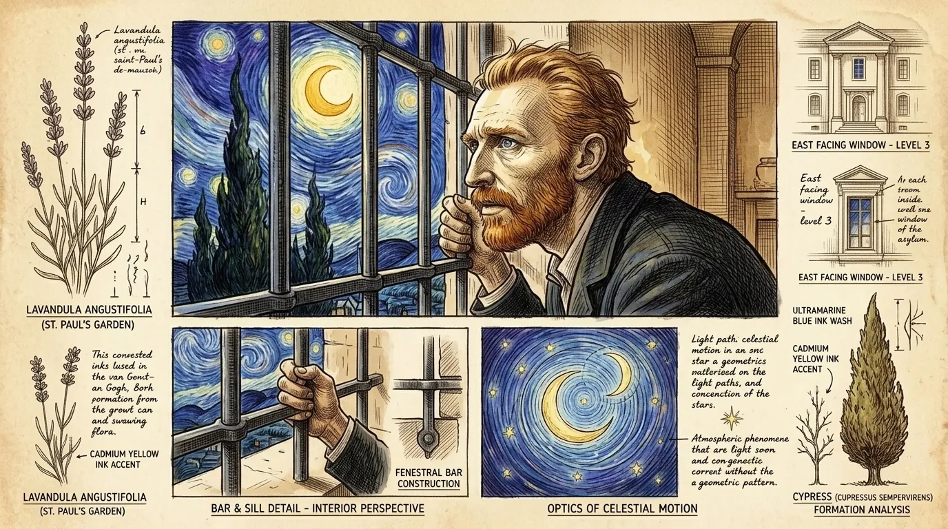 Do seu quarto no asilo, a janela gradeada tornou-se um portal para o mundo noturno. Incapaz de pintar diretamente do lado de fora à noite, Van Gogh absorveu os…