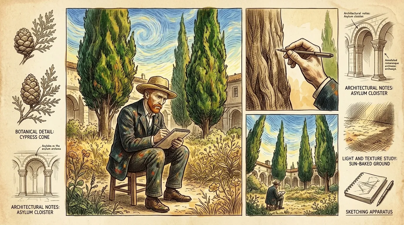 Em meio aos jardins do asilo, os imponentes ciprestes tornaram-se um poderoso motivo para Van Gogh. Suas formas escuras, semelhantes a chamas, firmemente…