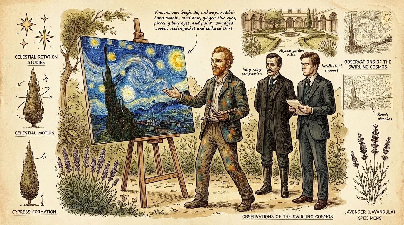 O céu noturno visto de sua janela, embora lembrado, tornou-se menos uma observação e mais uma profunda visão interior. Van Gogh fundiu o celestial com o…