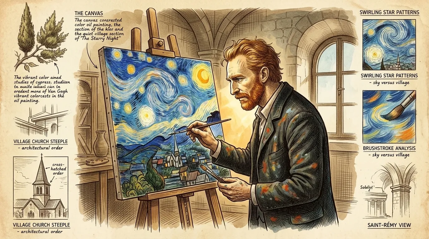Dentro do tumultuoso turbilhão cósmico, Van Gogh introduziu a vila tranquila, sua torre perfurando a noite serena. Esta não era a vila real de Saint-Rémy, mas…