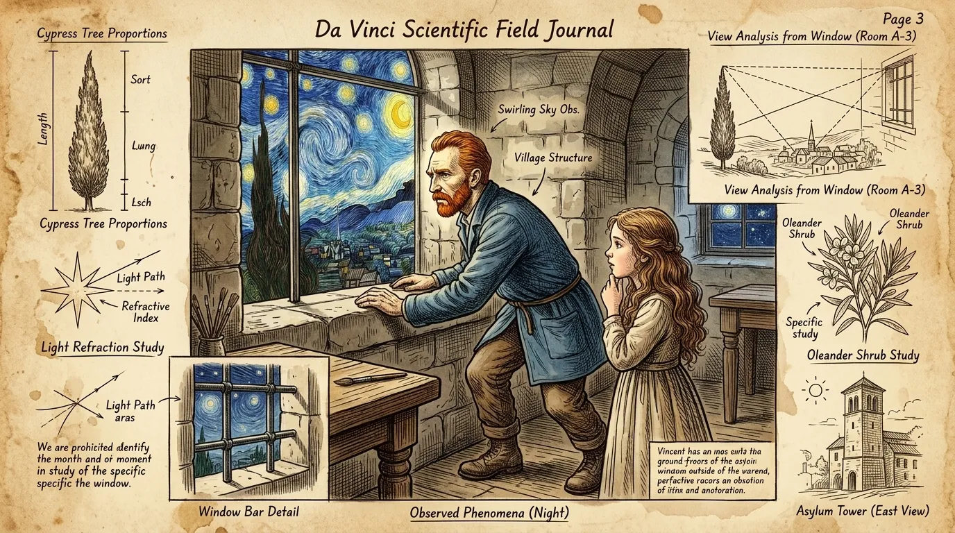 Confrontado pela escuridão de seu confinamento, Van Gogh voltou seu olhar para o céu noturno, encontrando uma sinfonia improvável de luz e cor. Confrontado pela escuridão de seu confinamento, Van Gogh voltou seu olhar para o céu noturno, encontrando uma sinfonia improvável de luz e cor.