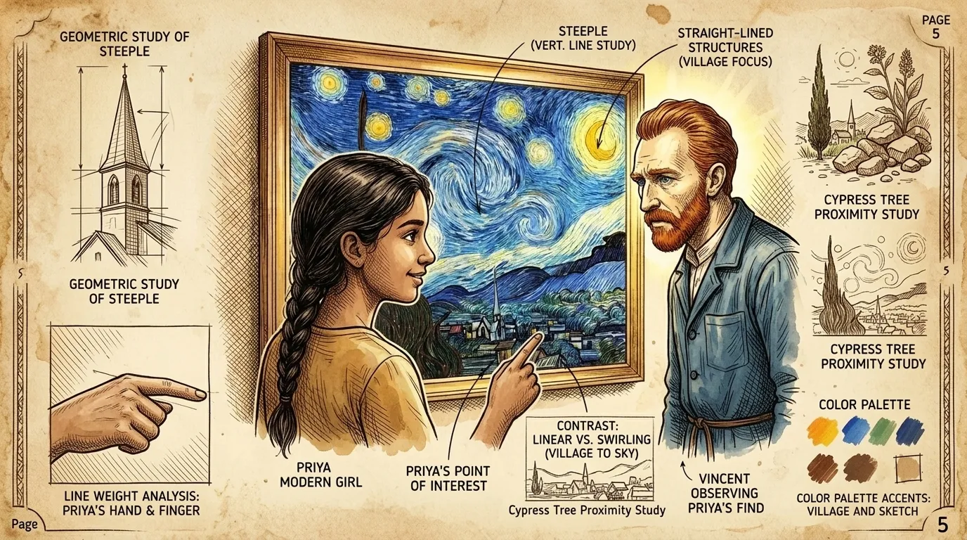 A vila, um conjunto pacífico de edifícios, repousa sob o céu dramático. Van Gogh representou as estruturas com linhas mais simples e retas, contrastando sua… A vila, um conjunto pacífico de edifícios, repousa sob o céu dramático. Van Gogh representou as estruturas com linhas mais simples e retas, contrastando sua…