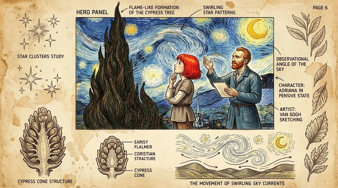 Dominando o lado esquerdo da pintura, o cipreste se estende para o céu, uma forma escura, semelhante a uma chama. Van Gogh via essas árvores como símbolos de… Dominando o lado esquerdo da pintura, o cipreste se estende para o céu, uma forma escura, semelhante a uma chama. Van Gogh via essas árvores como símbolos de…