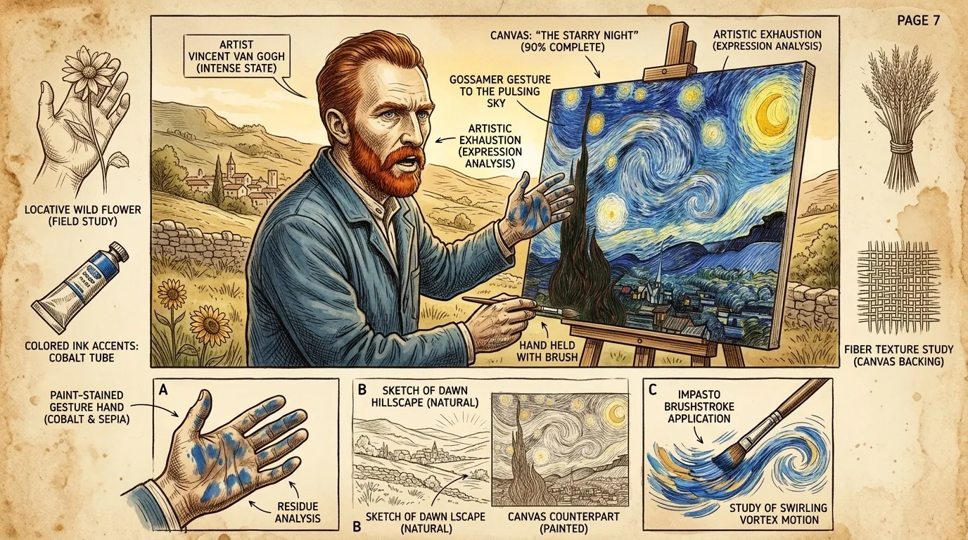 À medida que A Noite Estrelada se aproximava da conclusão, a intensidade de Van Gogh aumentava. A tela pulsava com energia, um testemunho de sua turbulência… À medida que A Noite Estrelada se aproximava da conclusão, a intensidade de Van Gogh aumentava. A tela pulsava com energia, um testemunho de sua turbulência…