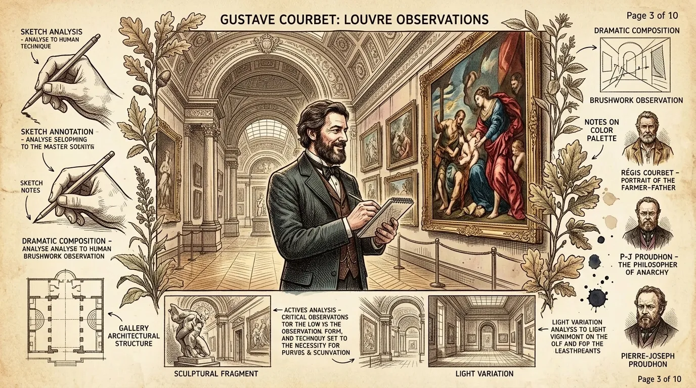Courbet's formal art education in Paris exposed him to the works of the Old Masters. While he admired their technical skill, he felt their idealized depictions… Courbet's formal art education in Paris exposed him to the works of the Old Masters. While he admired their technical skill, he felt their idealized depictions…