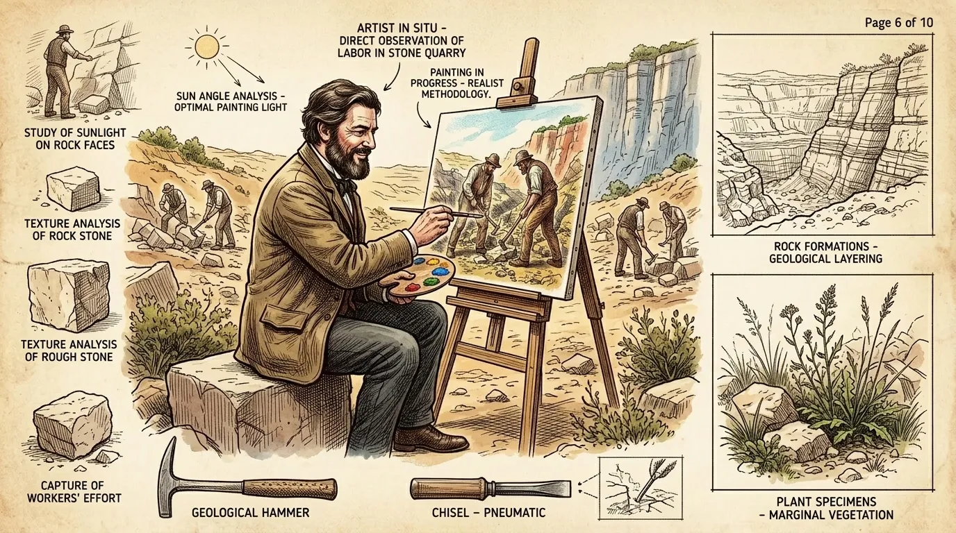 Courbet insisted on painting The Stonebreakers outdoors, directly from life. He believed this was the only way to capture the true colors and textures of the… Courbet insisted on painting The Stonebreakers outdoors, directly from life. He believed this was the only way to capture the true colors and textures of the…