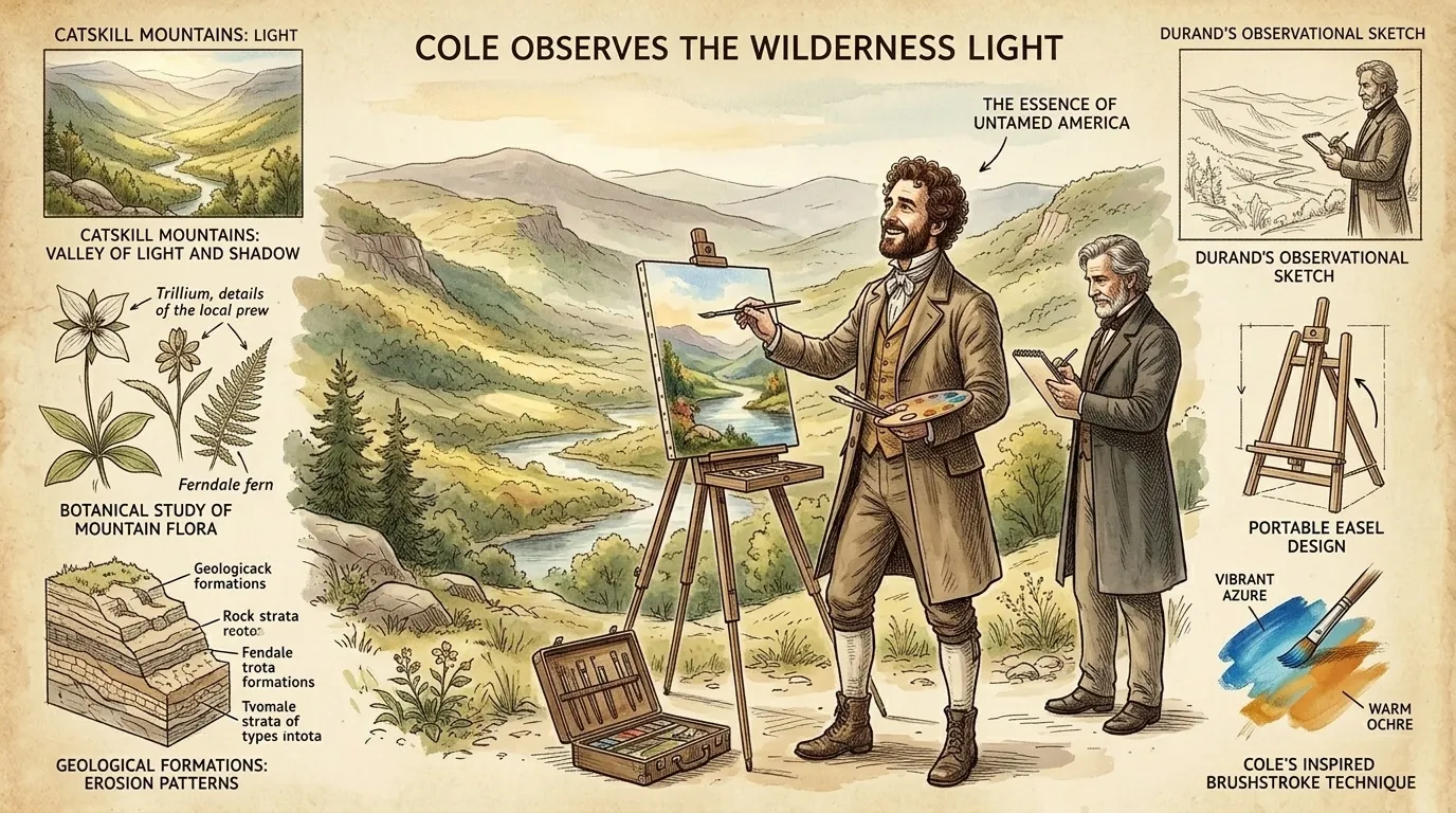 Drawn to the raw beauty of the Catskill Mountains, Cole ventured into the wilderness, seeking to capture the untamed spirit of the American landscape.