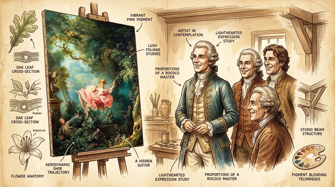 Jean-Honoré Fragonard stands before his masterpiece, 'The Swing,' completed in 1767. Its dimensions are 81 x 64.2 cm, a captivating scene of flirtation and… Jean-Honoré Fragonard stands before his masterpiece, 'The Swing,' completed in 1767. Its dimensions are 81 x 64.2 cm, a captivating scene of flirtation and…