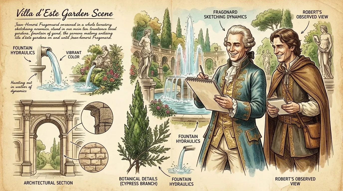 Rome! The city exploded with color and grandeur. In the Villa d'Este gardens, Fragonard sketched tirelessly, captivated by the play of light on the fountains… Rome! The city exploded with color and grandeur. In the Villa d'Este gardens, Fragonard sketched tirelessly, captivated by the play of light on the fountains…