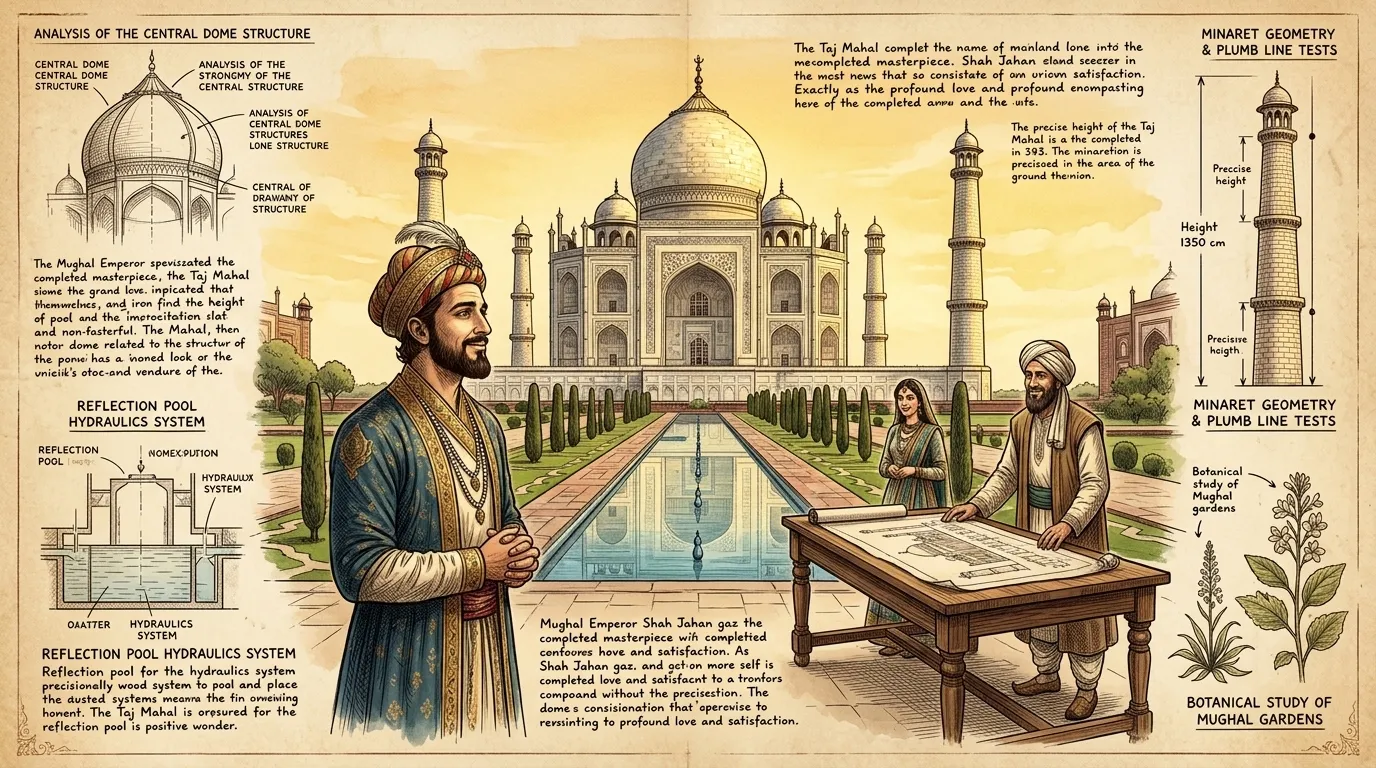 Kaiser Shah Jahan steht vor seinem Meisterwerk, dem Taj Mahal, das im Jahr Einundfünfzigdreiundfünfzig fertiggestellt wurde.