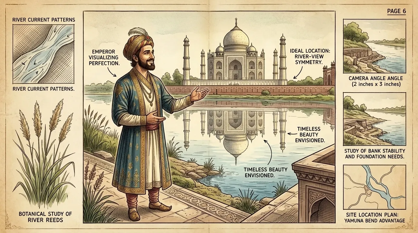 Schah Jahan blickt über den Fluss Yamuna und stellt sich vor, wie sich das Taj Mahal schimmernd im Wasser spiegelt. Er versteht die Bedeutung von Ort und…