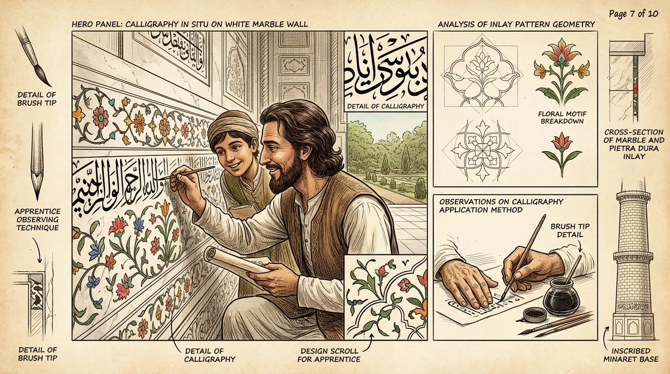 Geschickte Kalligraphen und Intarsienkünstler schmücken das Taj Mahal sorgfältig mit Versen aus dem Koran und kunstvollen Blumenmustern.