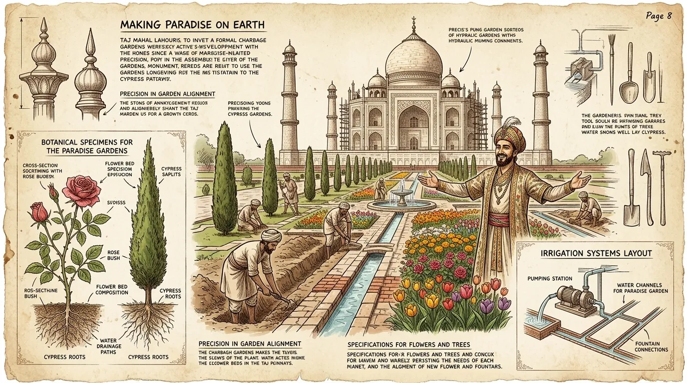 Gärtner legen die formalen Gärten rund um das Taj Mahal an und schaffen so ein Paradies auf Erden. Wasserkanäle, Springbrunnen und Zypressen sind sorgfältig…