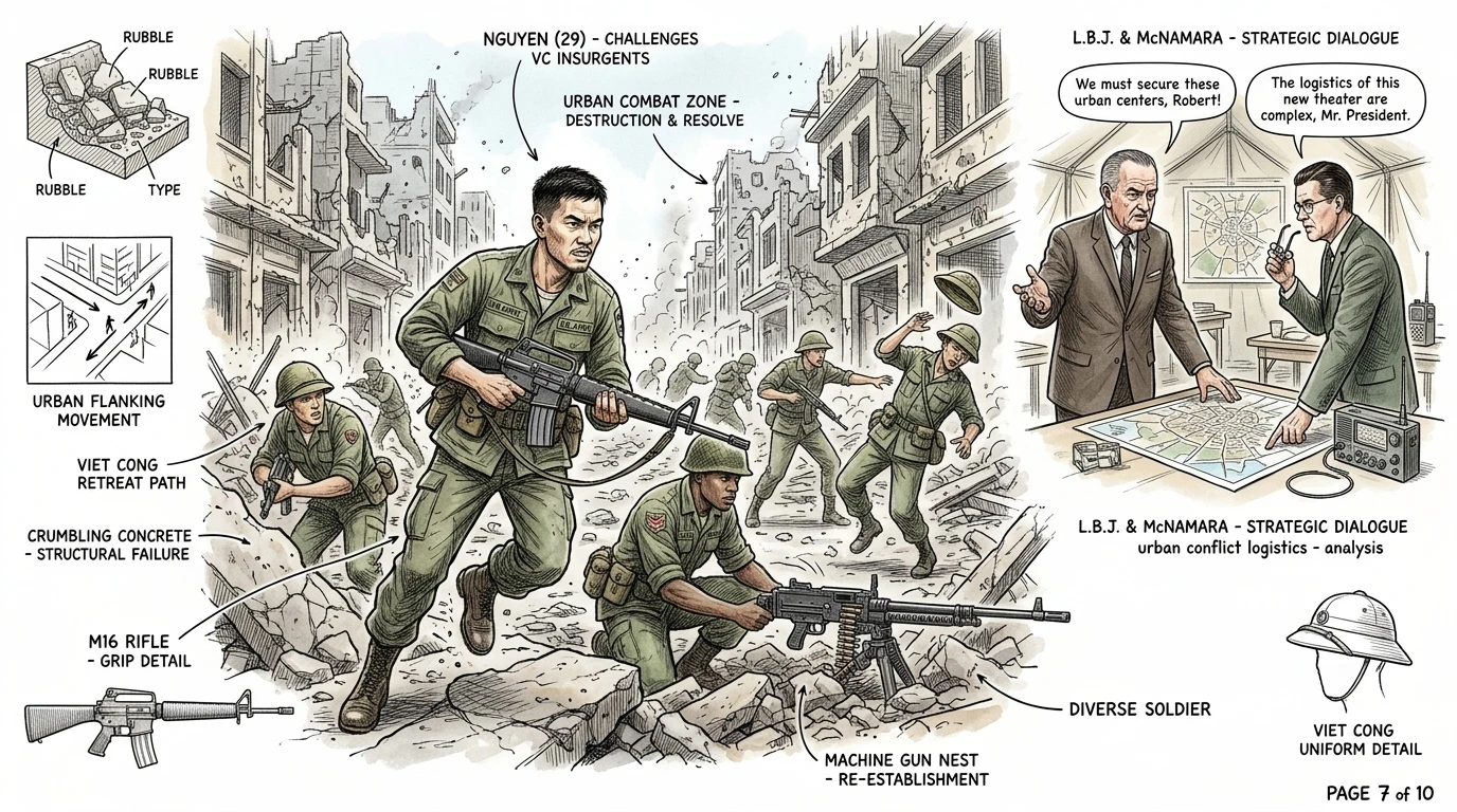 Nguyen kämpfte tapfer und drängte die Viet Cong zusammen mit seinen Kameraden zurück. Haus für Haus, Straße für Straße wütete die Schlacht. Nguyen kämpfte tapfer und drängte die Viet Cong zusammen mit seinen Kameraden zurück. Haus für Haus, Straße für Straße wütete die Schlacht.