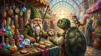 中景，一位蓄着长辫胡须、饱经风霜的老侏儒在他的魔法小饰品摊位后咯咯笑着。“速度不是一切，年轻的谢尔伯特，”他沙哑地说，声音像树叶沙沙作响。