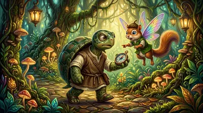 插入镜头/特写，谢尔伯特的小手紧紧握着指南针，他和皮普小心翼翼地踏入闪烁的传送门。世界溶解成万花筒般的色彩漩涡，然后重构成一片茂密的生物发光丛林。