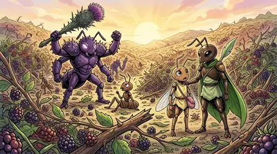 Flicker watched in horror as a Thistle Warrior raised his club over a fallen worker ant. "No!" he cried, helpless. Kai placed a reassuring hand on his shoulder. Flicker watched in horror as a Thistle Warrior raised his club over a fallen worker ant. "No!" he cried, helpless. Kai placed a reassuring hand on his shoulder.