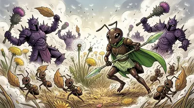 The air filled with a swirling white cloud as the ants released the dandelion seeds. The Thistle Warriors, blinded and confused, stumbled aimlessly. The air filled with a swirling white cloud as the ants released the dandelion seeds. The Thistle Warriors, blinded and confused, stumbled aimlessly.