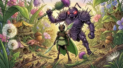 The Thistle King roared, raising his thorny club. "You dare defy me, little insect?" Kai stood his ground, his eyes fixed on the King. The Thistle King roared, raising his thorny club. "You dare defy me, little insect?" Kai stood his ground, his eyes fixed on the King.