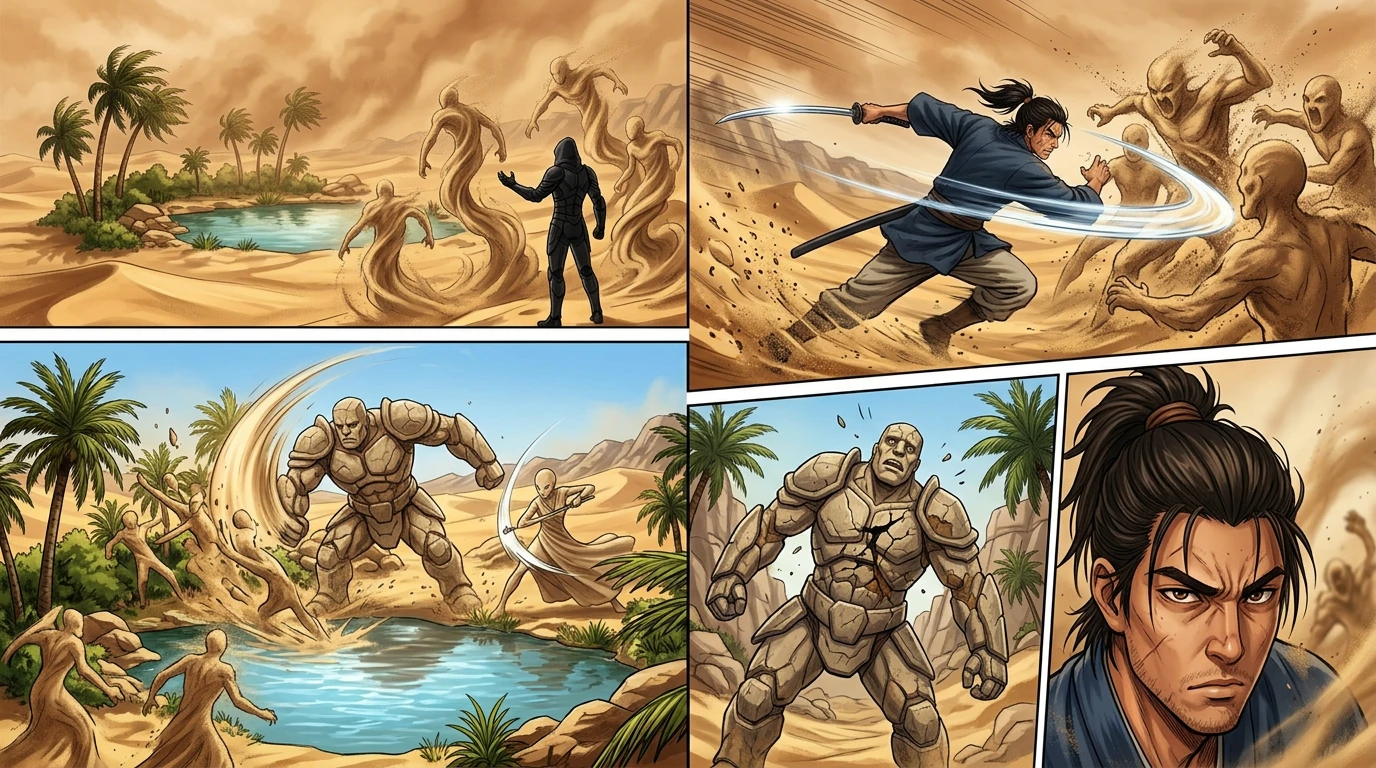 随着一声战吼，剑（Jian）挥舞着武士刀，冲向 swirling sands。沙雕们被他的英勇所激励，也加入了战斗，它们石质的肢体猛烈地撞击着沙灵。