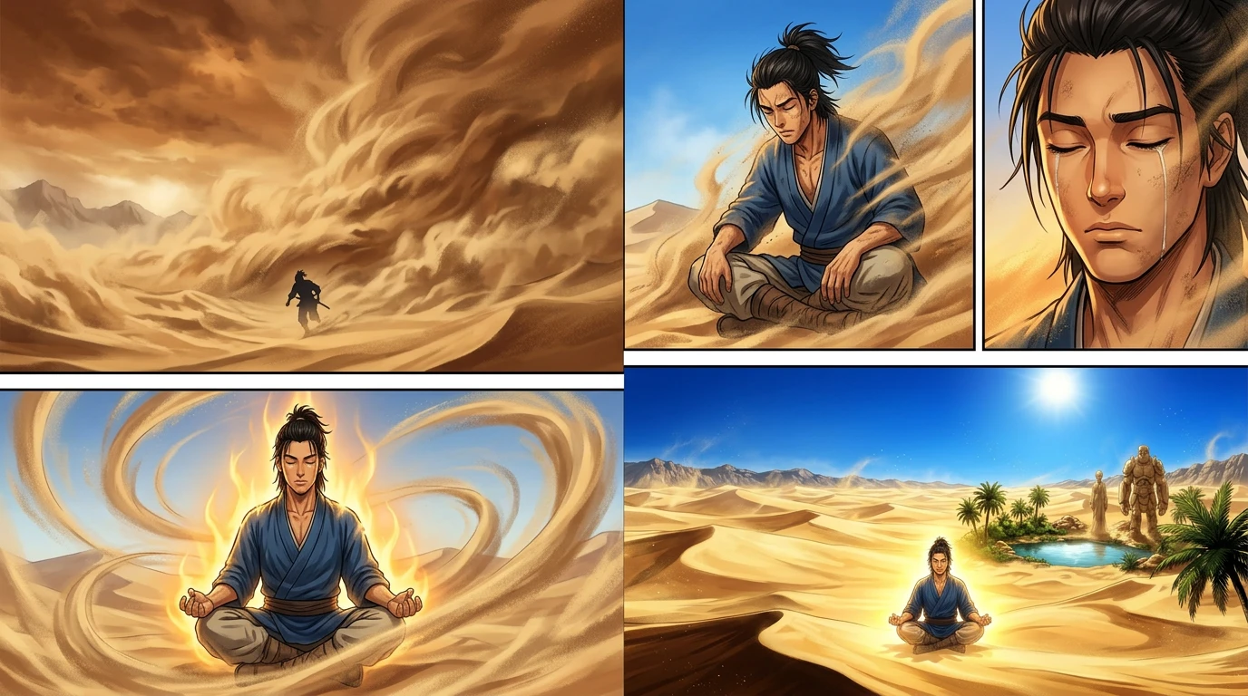 他闭上眼睛，用心灵去感应，试图理解沙中那些饱受折磨的灵魂。他感受到了他们的痛苦、他们的渴望，以及他们对解脱的绝望。他集中意志，投射出一种平静与安宁。