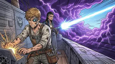 Jaxx worked frantically, rerouting power, his cybernetic eye whirring. The Skylark shuddered as the harmonic emitter charged. Jaxx worked frantically, rerouting power, his cybernetic eye whirring. The Skylark shuddered as the harmonic emitter charged.