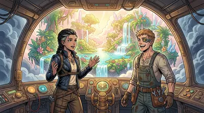 Through the momentary calm, the Sky-Garden shimmered into view: a paradise of lush vegetation, cascading waterfalls, and crystal clear pools. Through the momentary calm, the Sky-Garden shimmered into view: a paradise of lush vegetation, cascading waterfalls, and crystal clear pools.