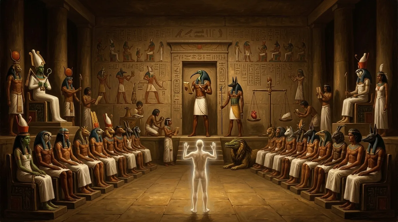 Stepping into a subsidiary chamber of the Hall of Two Truths, the soul faces forty-two fearsome divine judges, each associated with a specific transgression. Stepping into a subsidiary chamber of the Hall of Two Truths, the soul faces forty-two fearsome divine judges, each associated with a specific transgression.