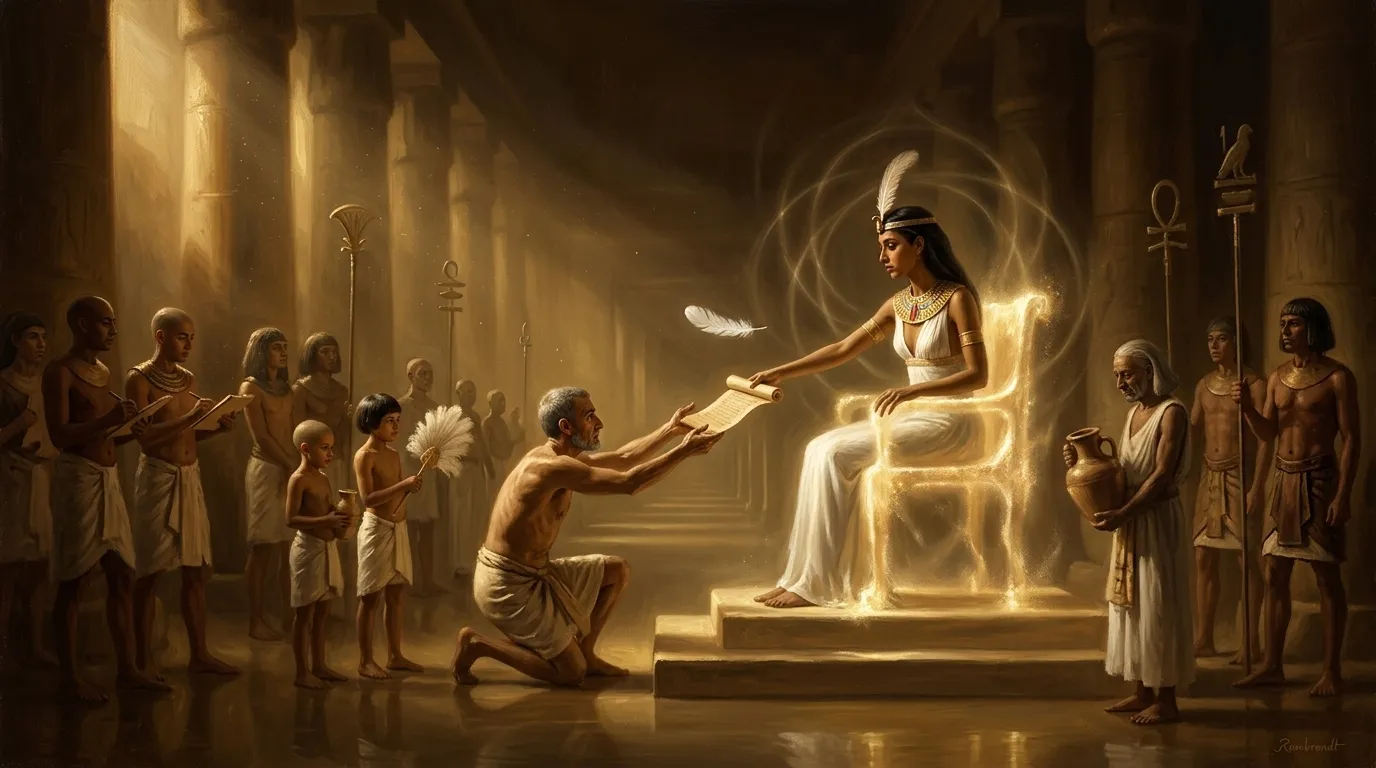 Before the final judgment, the essence of cosmic order, Ma'at herself, resides in a serene, hidden sanctum, influencing all within the Duat. Before the final judgment, the essence of cosmic order, Ma'at herself, resides in a serene, hidden sanctum, influencing all within the Duat.
