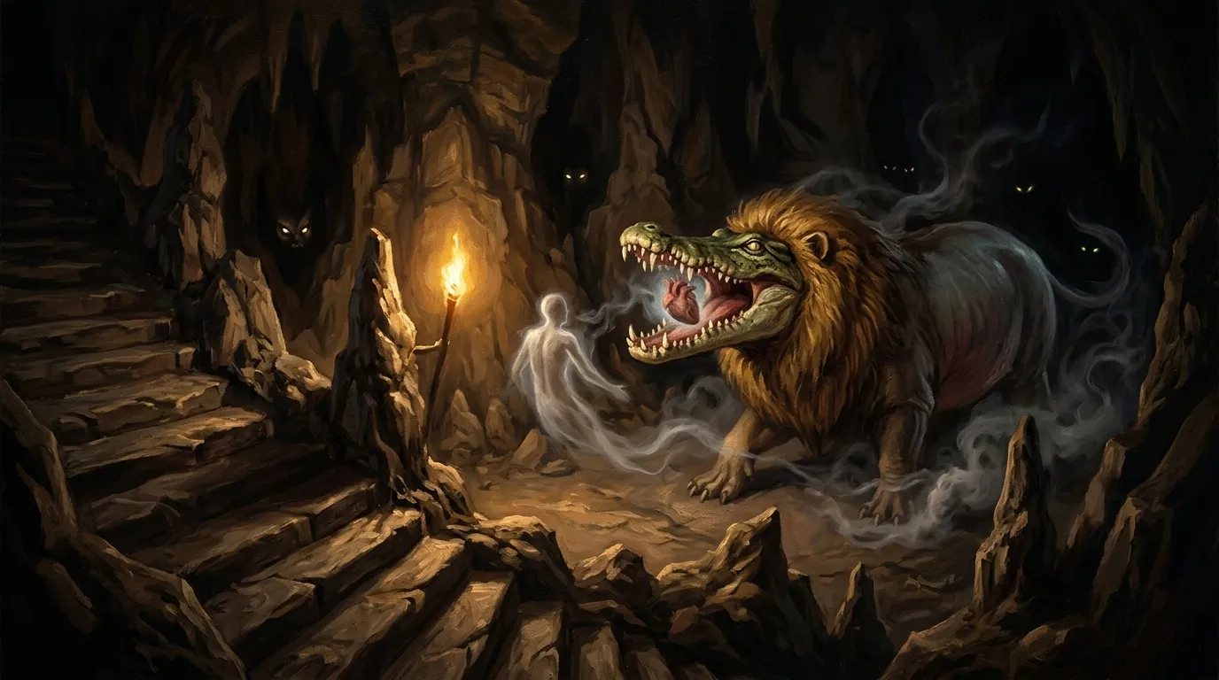 But for the soul whose heart, heavy with transgressions, tilts the scales against the Feather of Ma'at, a terrible fate awaits. But for the soul whose heart, heavy with transgressions, tilts the scales against the Feather of Ma'at, a terrible fate awaits.
