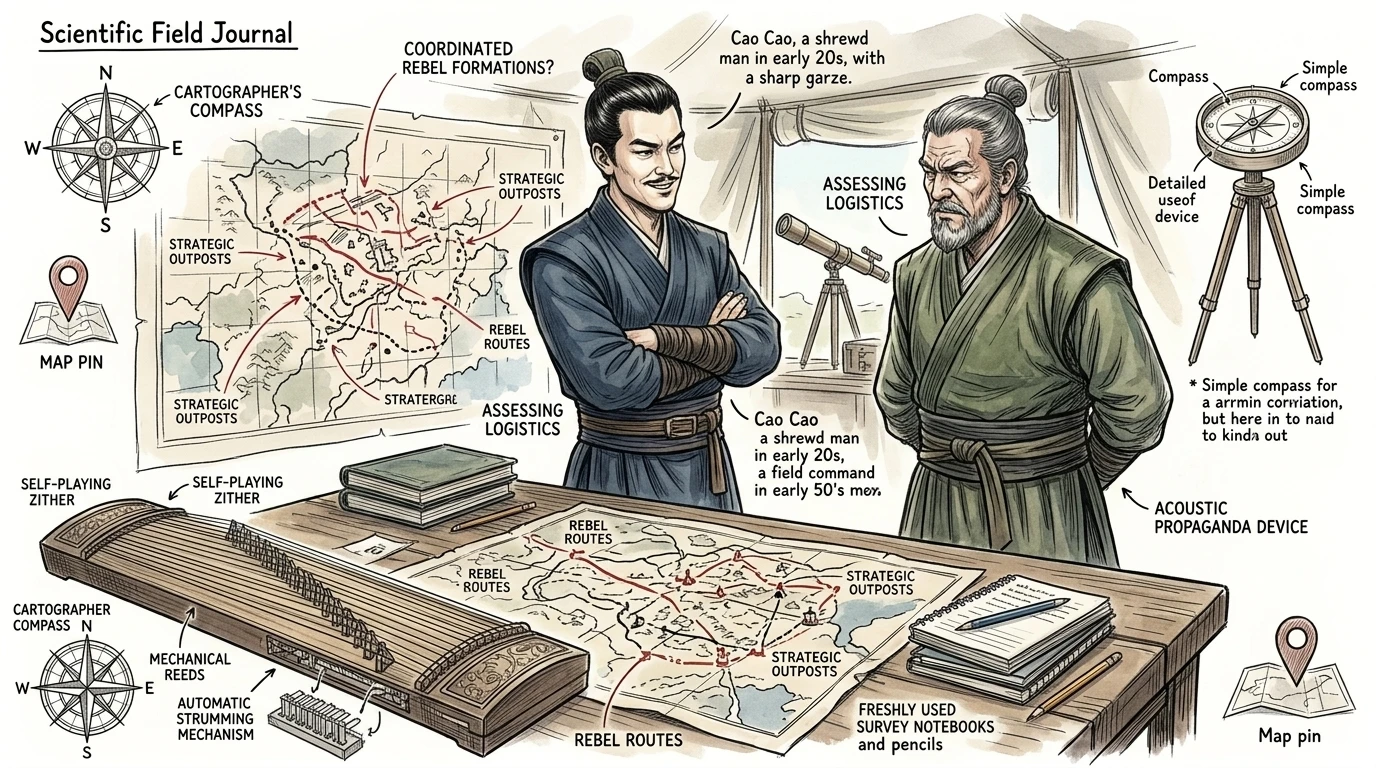 Cao Cao, un jeune officier de l'Armée Impériale, se moqua des déclarations de Zhang Jiao. « Ces rebelles ne sont que des imbéciles superstitieux, » dit-il à Zhu…