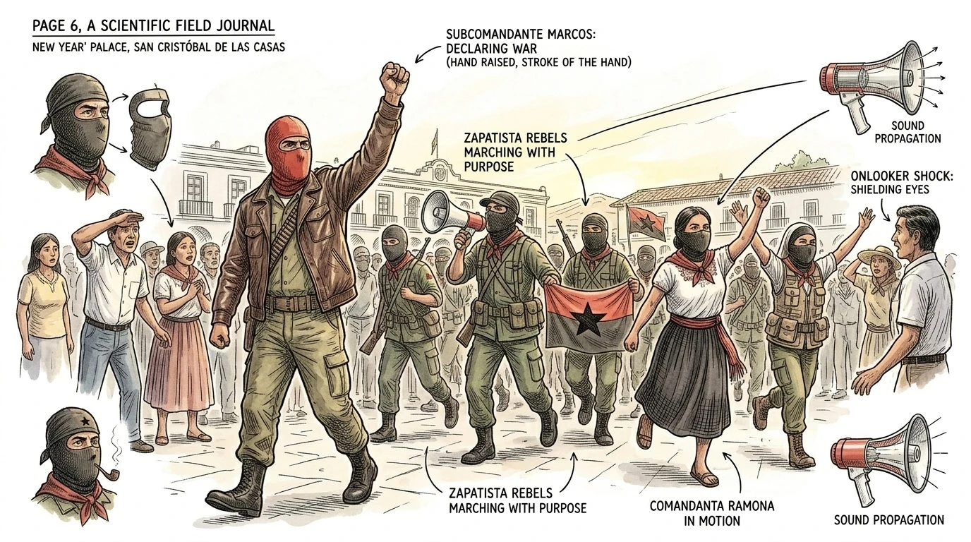 新年伊始,萨帕塔民族解放军(EZLN)攻占了恰帕斯州的数个城镇。全世界震惊地看着蒙面叛军开进圣克里斯托瓦尔德拉斯卡萨斯。 新年伊始,萨帕塔民族解放军(EZLN)攻占了恰帕斯州的数个城镇。全世界震惊地看着蒙面叛军开进圣克里斯托瓦尔德拉斯卡萨斯。
