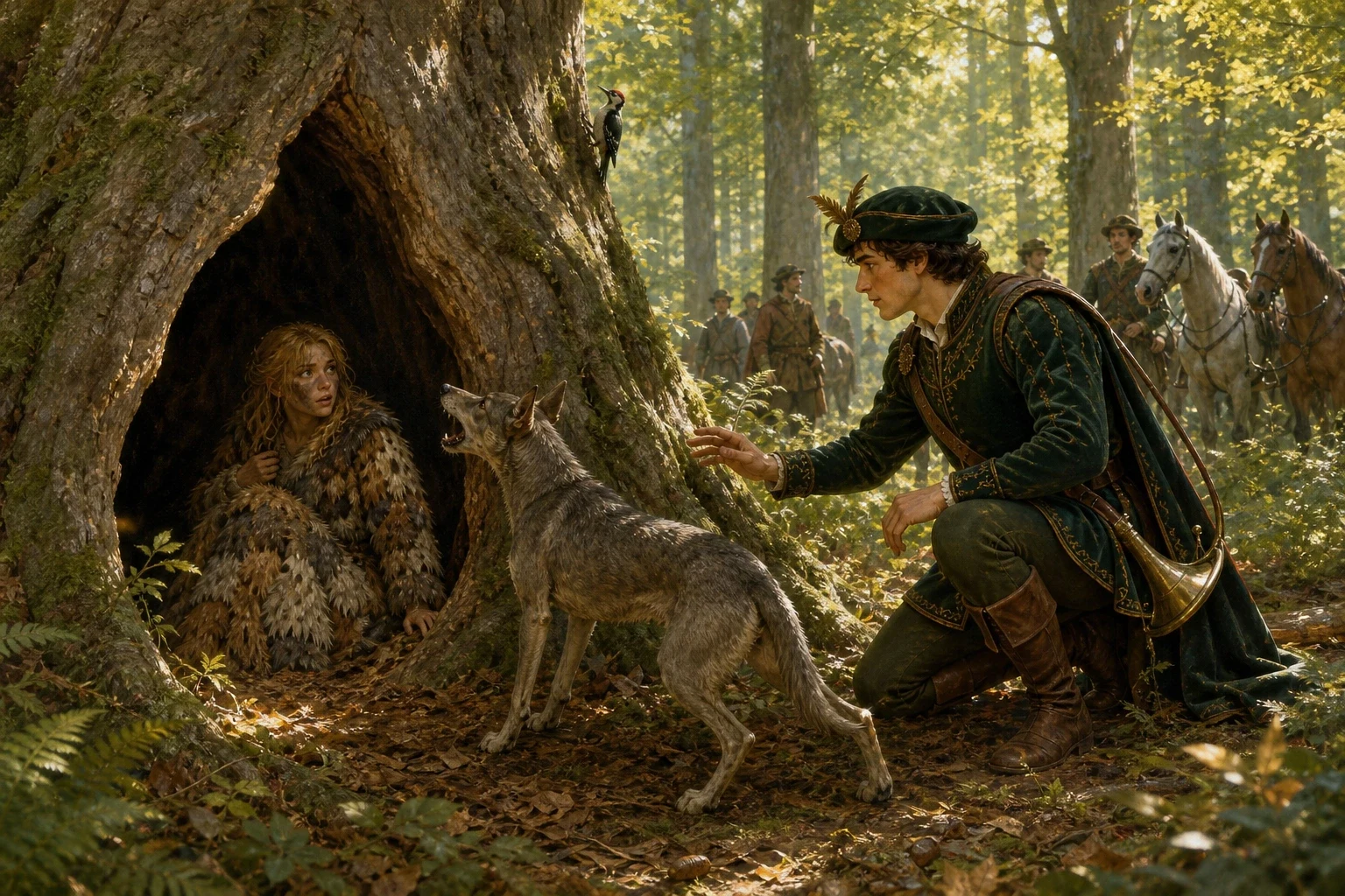 She slept in the hollow tree through the whole of that day and into the next. Not far away, a young king was out hunting in that same forest with his hounds and… She slept in the hollow tree through the whole of that day and into the next. Not far away, a young king was out hunting in that same forest with his hounds and…