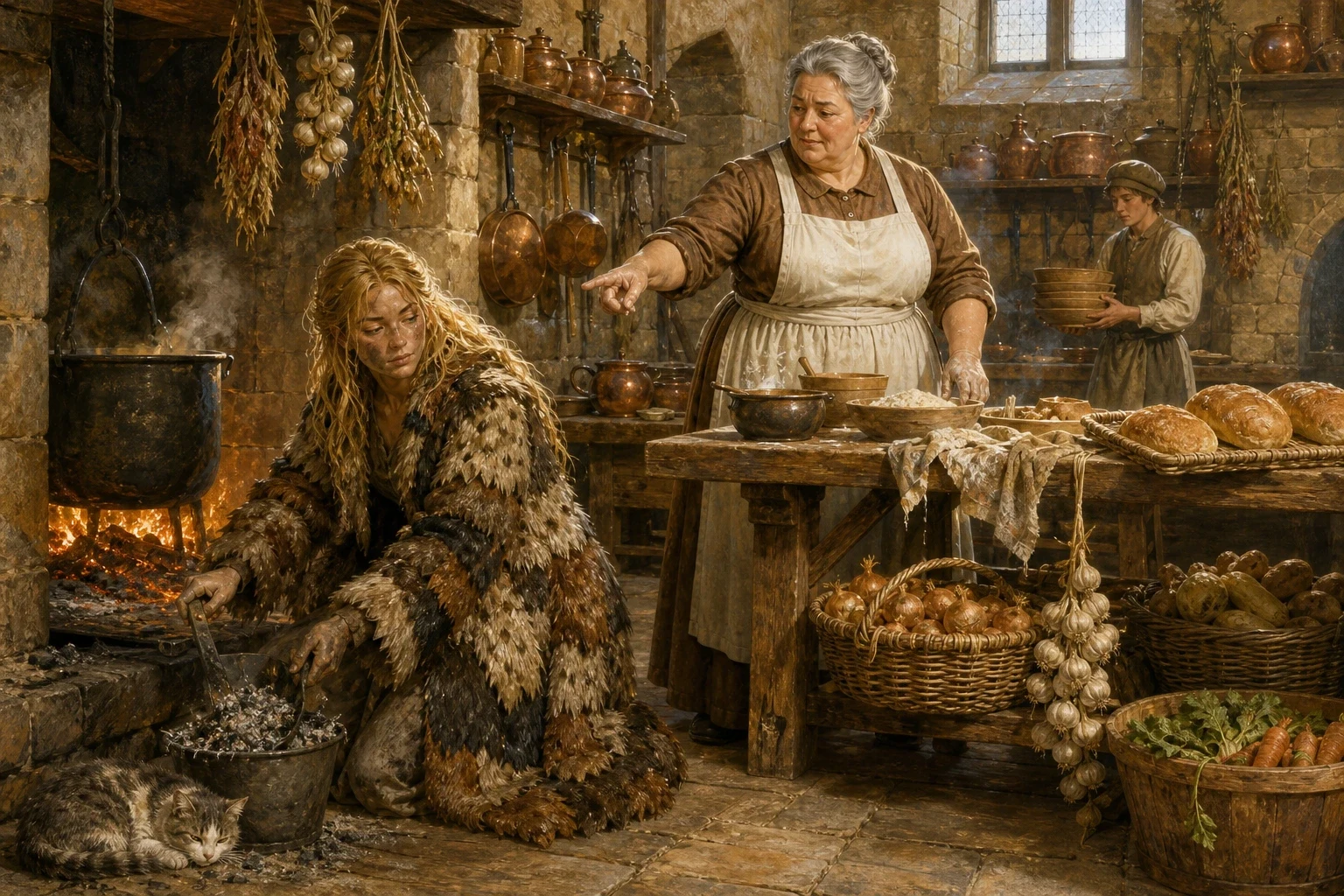 At the king's castle, no one knew what to make of the strange girl in the coat of furs, so she was sent down to the kitchen to work. At the king's castle, no one knew what to make of the strange girl in the coat of furs, so she was sent down to the kitchen to work.