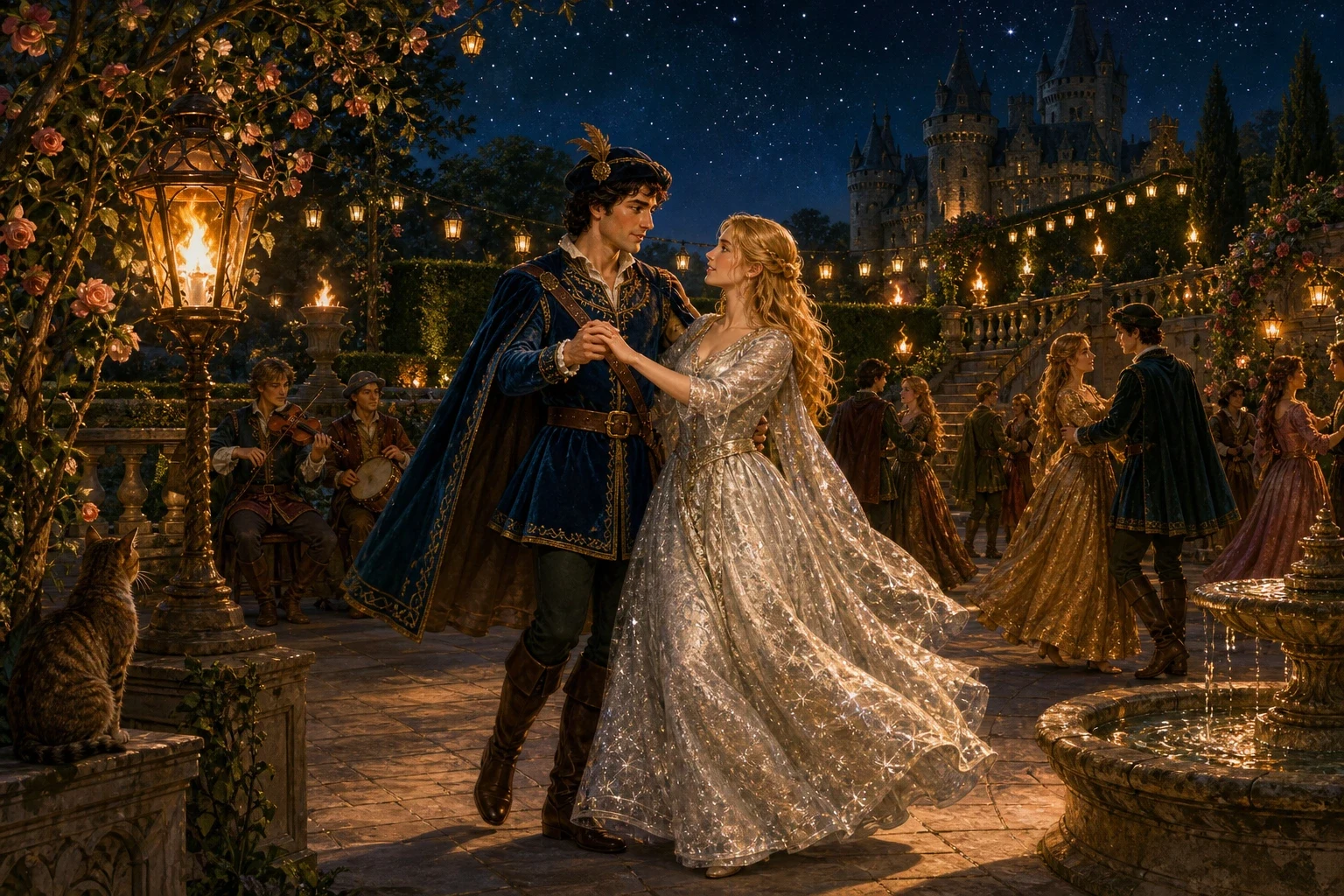 Not long after, the king held a second ball, this time with dancing out on the castle's great terrace under the stars, lit all around with torches and lanterns… Not long after, the king held a second ball, this time with dancing out on the castle's great terrace under the stars, lit all around with torches and lanterns…