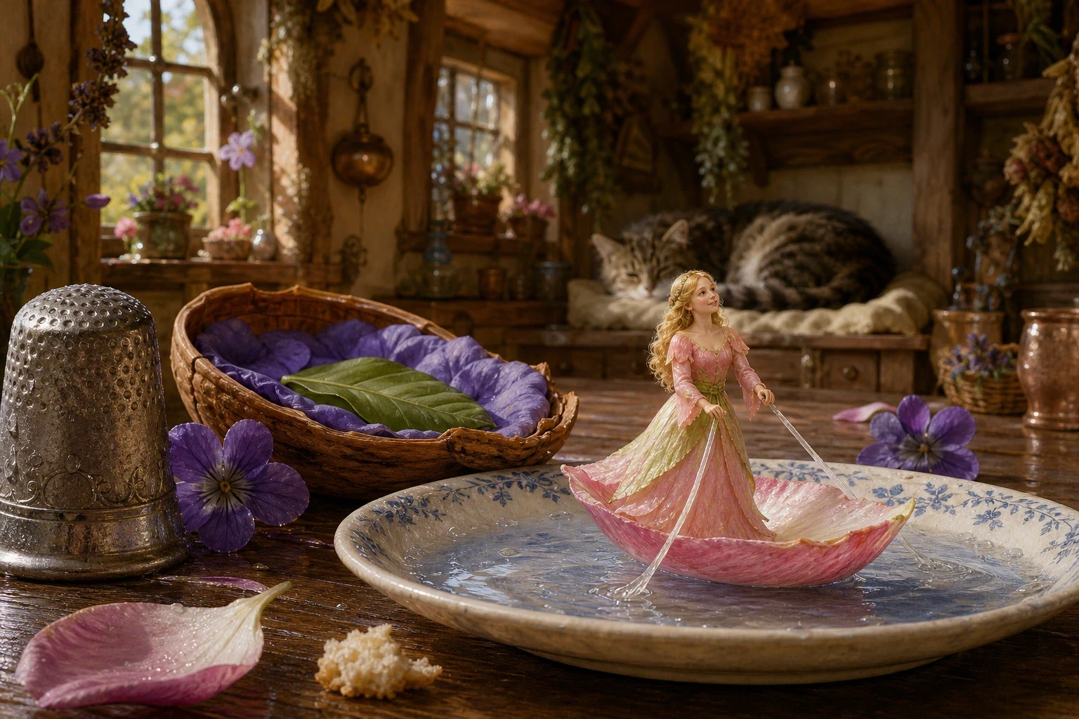 Thumbelina made her home upon the table, and nothing could have been prettier. She slept in a little bed made from a polished walnut shell, with blue violet… Thumbelina made her home upon the table, and nothing could have been prettier. She slept in a little bed made from a polished walnut shell, with blue violet…