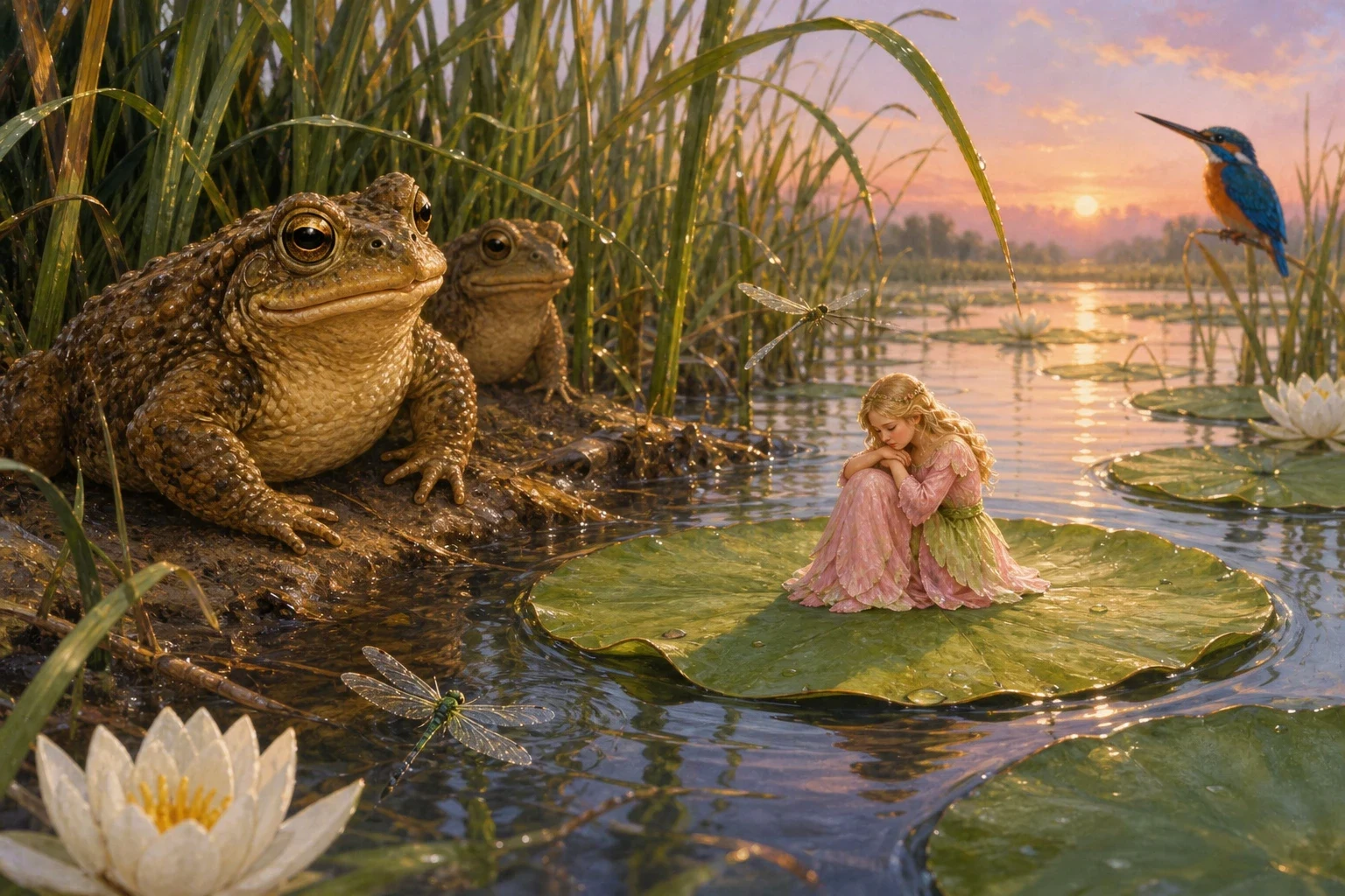 One summer night, while Thumbelina lay fast asleep in her walnut shell, a big old toad came hopping in through a broken pane. One summer night, while Thumbelina lay fast asleep in her walnut shell, a big old toad came hopping in through a broken pane.