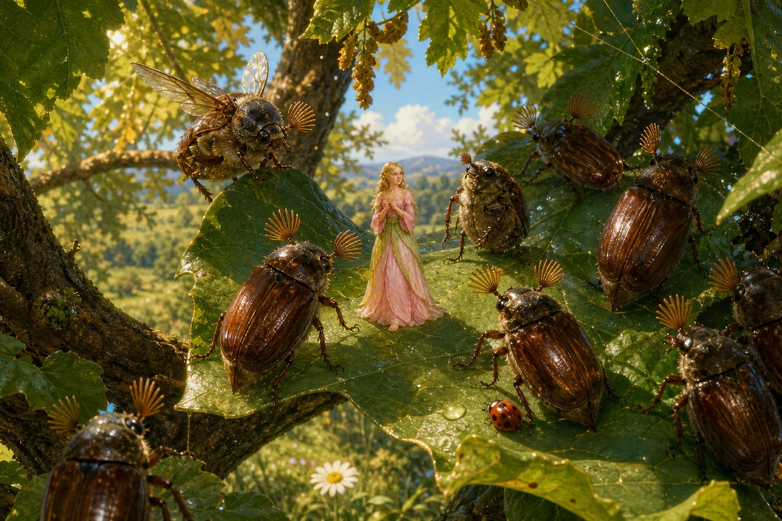 High in the tree the cockchafer set Thumbelina upon a broad leaf and brought all his beetle friends to admire her. But the lady beetles turned up their feelers… High in the tree the cockchafer set Thumbelina upon a broad leaf and brought all his beetle friends to admire her. But the lady beetles turned up their feelers…