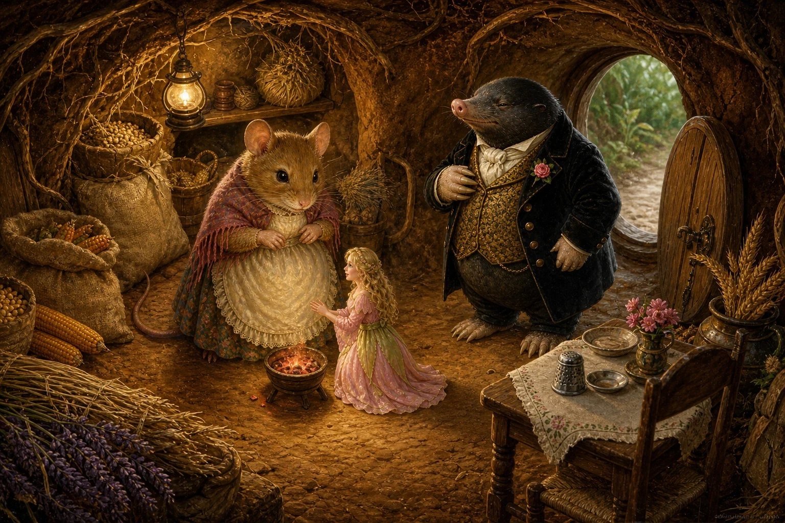 At the edge of the field Thumbelina found the little door of a field mouse's burrow, snug and warm under the stubble. The kindly field mouse took the shivering… At the edge of the field Thumbelina found the little door of a field mouse's burrow, snug and warm under the stubble. The kindly field mouse took the shivering…