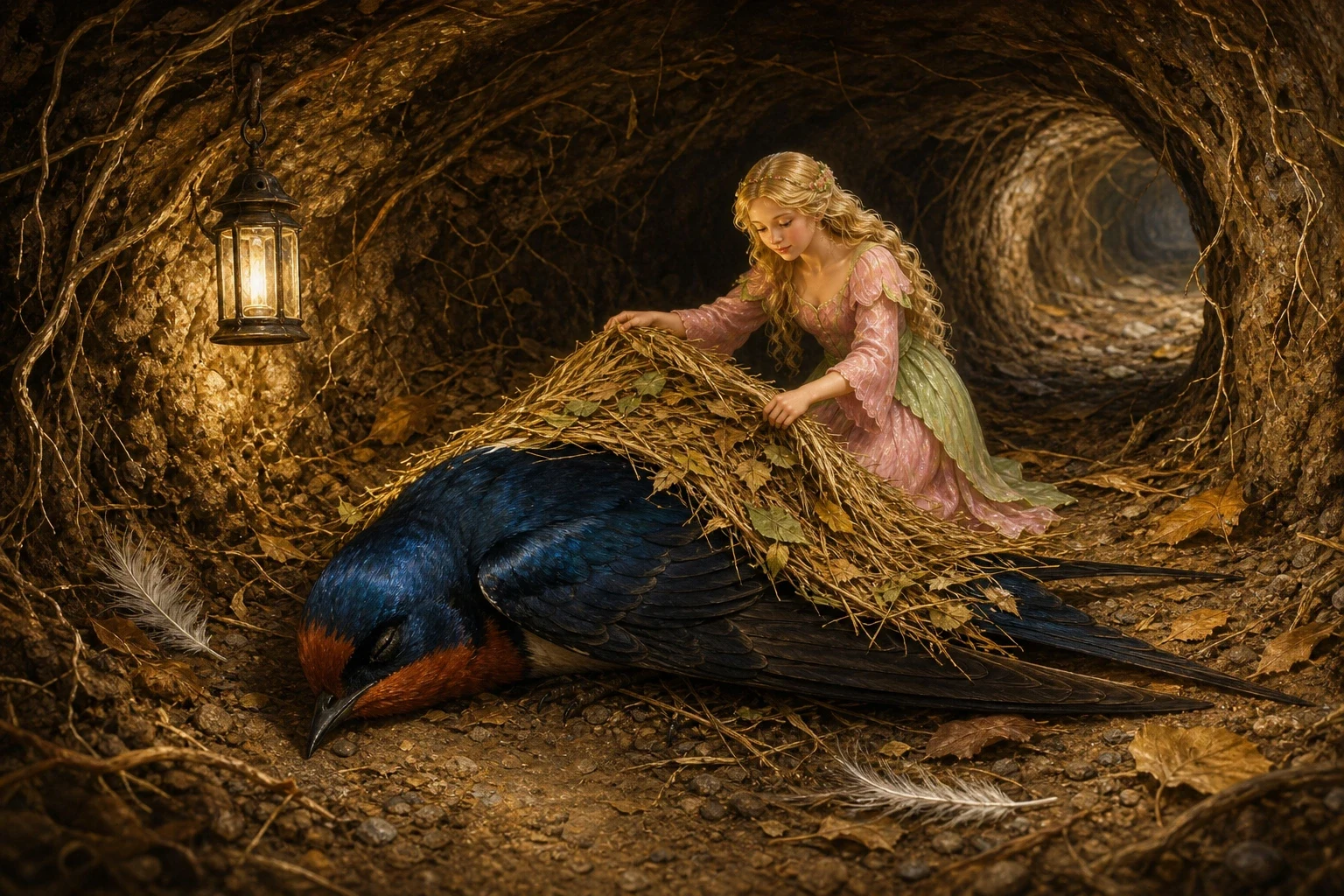 In the long dark tunnel the mole had dug, Thumbelina came upon a swallow lying cold and quite still upon the earth, its beautiful wings folded close. In the long dark tunnel the mole had dug, Thumbelina came upon a swallow lying cold and quite still upon the earth, its beautiful wings folded close.
