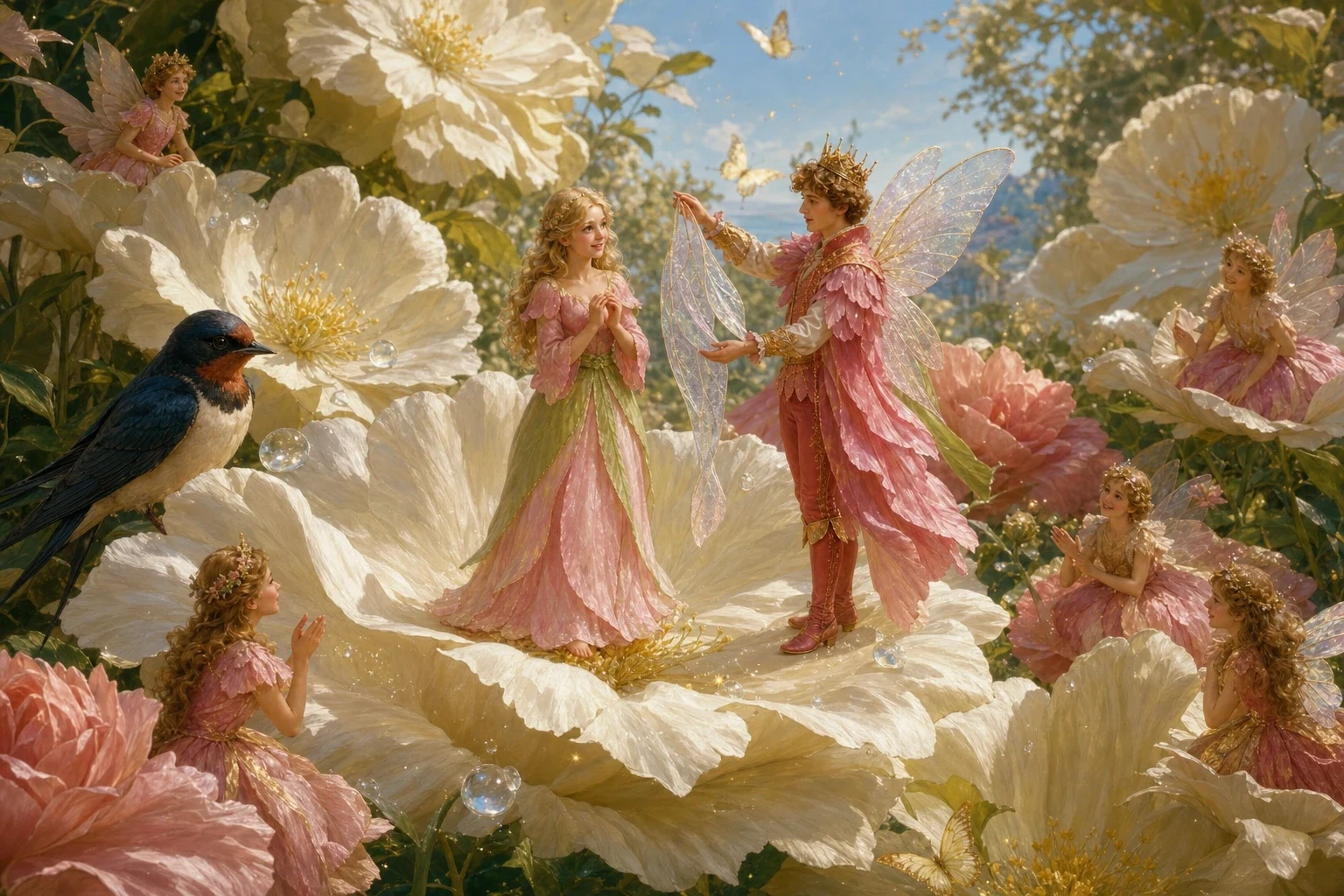The swallow set Thumbelina down upon the petals of a great gleaming white flower in the warm southern land. And there, to her astonishment, sat a tiny man no… The swallow set Thumbelina down upon the petals of a great gleaming white flower in the warm southern land. And there, to her astonishment, sat a tiny man no…