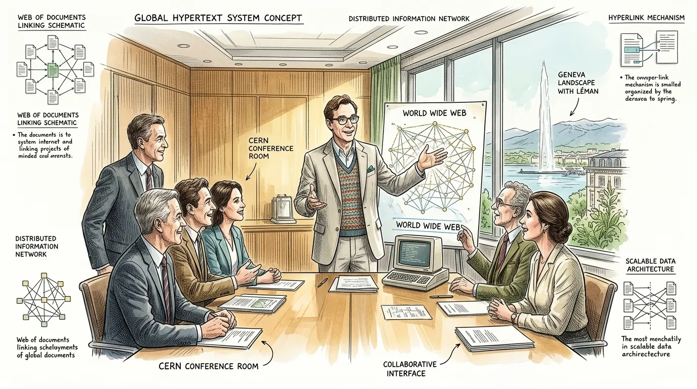 一九九三年四月，一份关键文件在瑞士日内瓦的欧洲核子研究中心（CERN）传阅。英国计算机科学家蒂姆·伯纳斯-李站在欧洲核子研究中心理事会面前，展示了即…