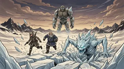 De repente, el suelo bajo ellos empezó a agrietarse. "¡Kira! ¡Cuidado!", gritó Boris. De las profundidades emergió una criatura monstruosa, cubierta de hielo…