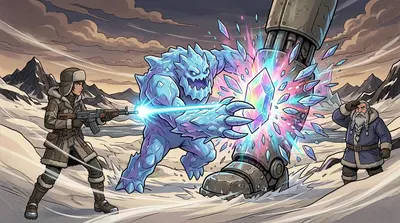 Kira, usando el Coloso a su favor, disparó a la criatura de hielo, atrayéndola hacia el robot gigante. La criatura se abalanzó, sus enormes garras desgarrando…