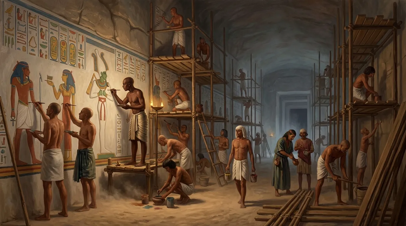 Twelve centuries after Unas, under the blazing sun of the New Kingdom, the Valley of the Kings teems with activity. Deep within a freshly cut tomb, the air is…
