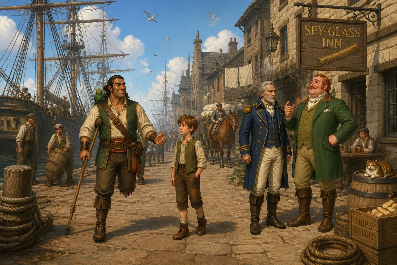 In the busy port of Bristol, Squire Trelawney bought a fine ship called the Hispaniola and set about hiring a crew. At a dockside inn called the Spy-glass he… In the busy port of Bristol, Squire Trelawney bought a fine ship called the Hispaniola and set about hiring a crew. At a dockside inn called the Spy-glass he…