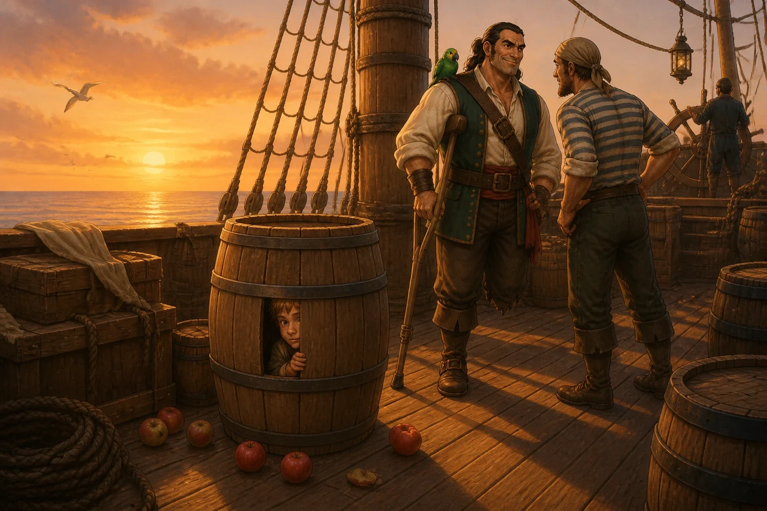 Weeks into the voyage, with the island not far off, Jim climbed into an empty barrel on deck hunting for one last apple, and fell fast asleep inside it. Weeks into the voyage, with the island not far off, Jim climbed into an empty barrel on deck hunting for one last apple, and fell fast asleep inside it.