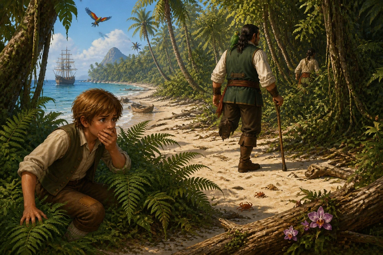 The Hispaniola dropped anchor off Treasure Island, and before the landing boats were fully ashore, Jim slipped away alone to explore. The Hispaniola dropped anchor off Treasure Island, and before the landing boats were fully ashore, Jim slipped away alone to explore.